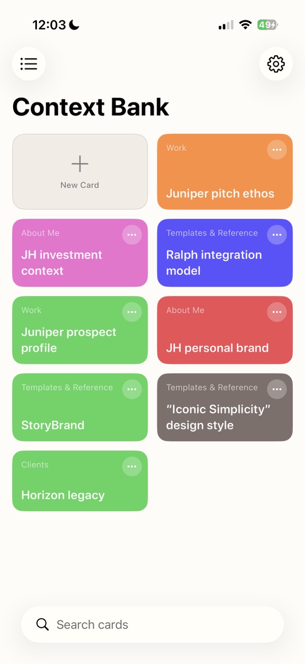 Context Bank in light mode showing colorful context cards organized by category