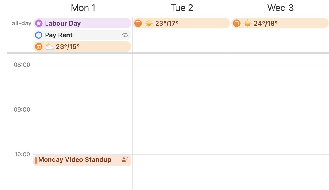 Apple Calendar week view with ClimoCal weather as all-day events next to Labour Day and other plans